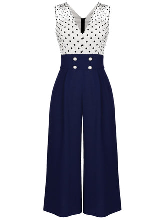 [Übergröße] Dunkelblau 1930er Polka Dot Patchwork Jumpsuit
