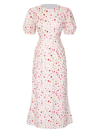 Weiß 1930er Blumenmuster Puffärmel Fischschwanz Kleid