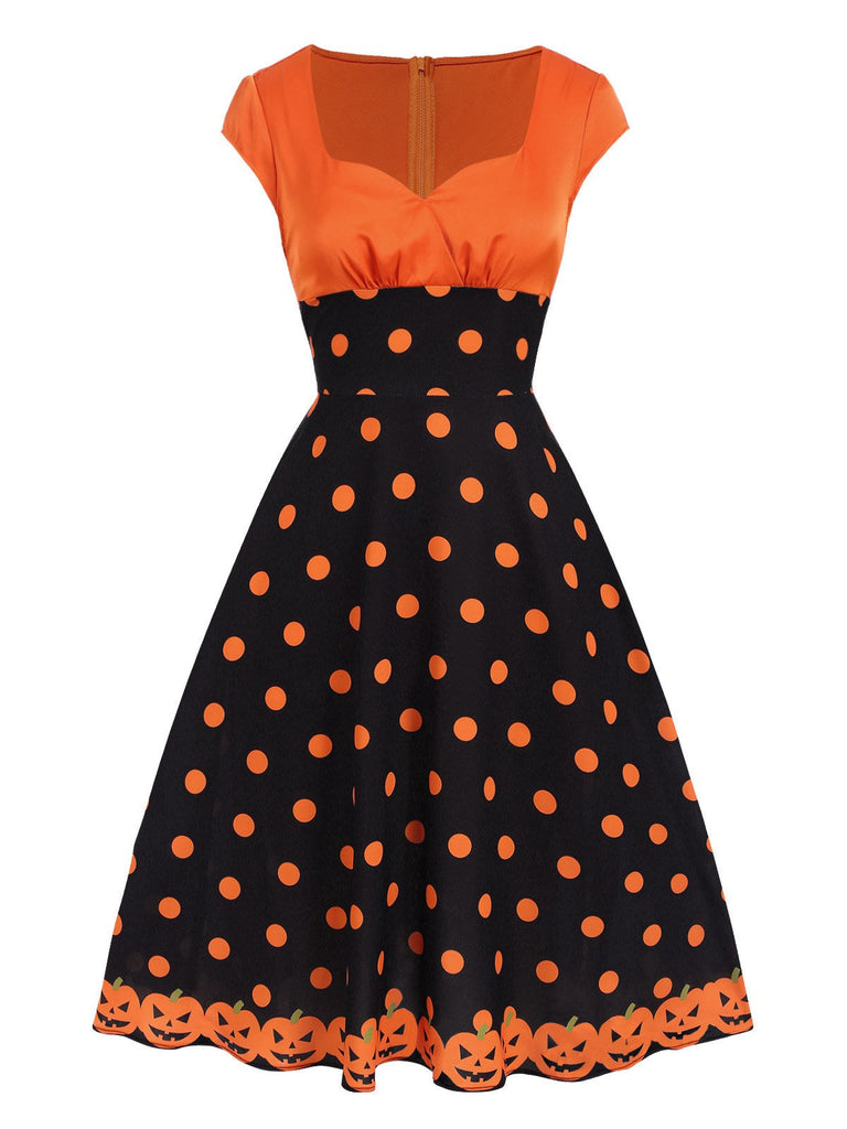 Orange 1950er Kürbis Gesicht Herzförmiger Hals Kleid