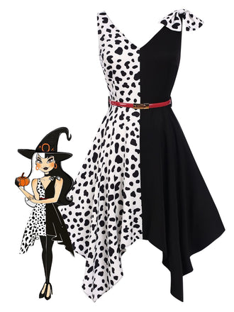 Schwarz 1970er Cruella de Vil Kostüm Kuhflecken Patchwork Kleid