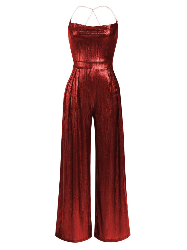 Disco outfit Metallic Gold 1980er Wasserfallkragen Spaghetti Träger Jumpsuit