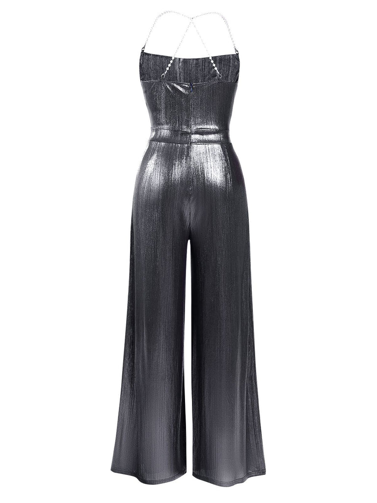 Disco outfit Metallic Gold 1980er Wasserfallkragen Spaghetti Träger Jumpsuit
