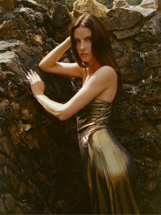 Disco outfit Metallic Gold 1980er Wasserfallkragen Spaghetti Träger Jumpsuit