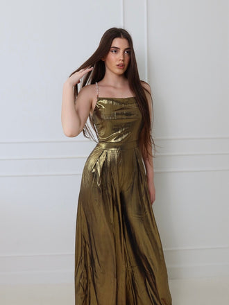 Disco outfit Metallic Gold 1980er Wasserfallkragen Spaghetti Träger Jumpsuit