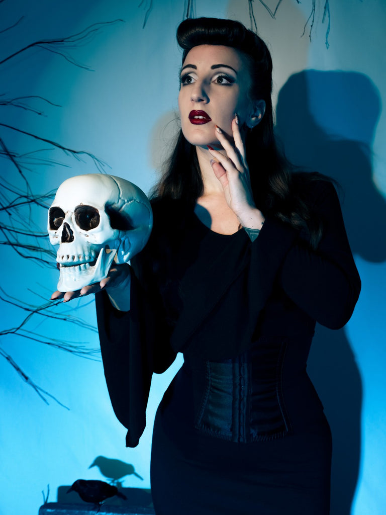 Schwarz 1930er Gothic Morticia Addams Dolman-Ärmel Fischschwanz Kleid