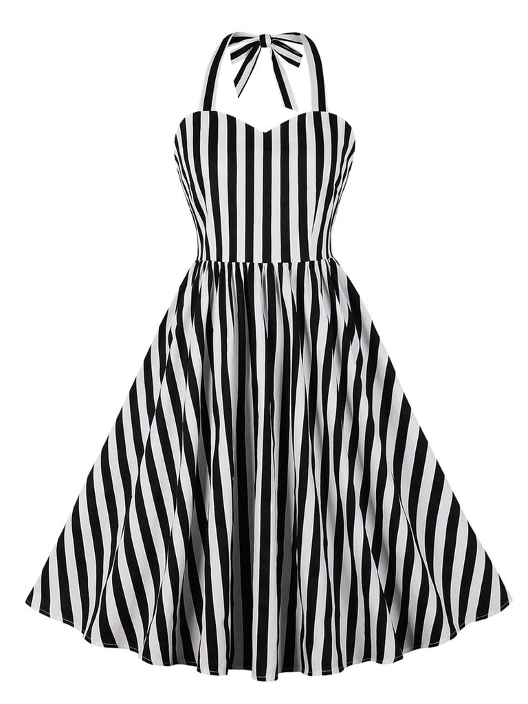 Schwarz 1950er Vertical Streifen Halter Kleid