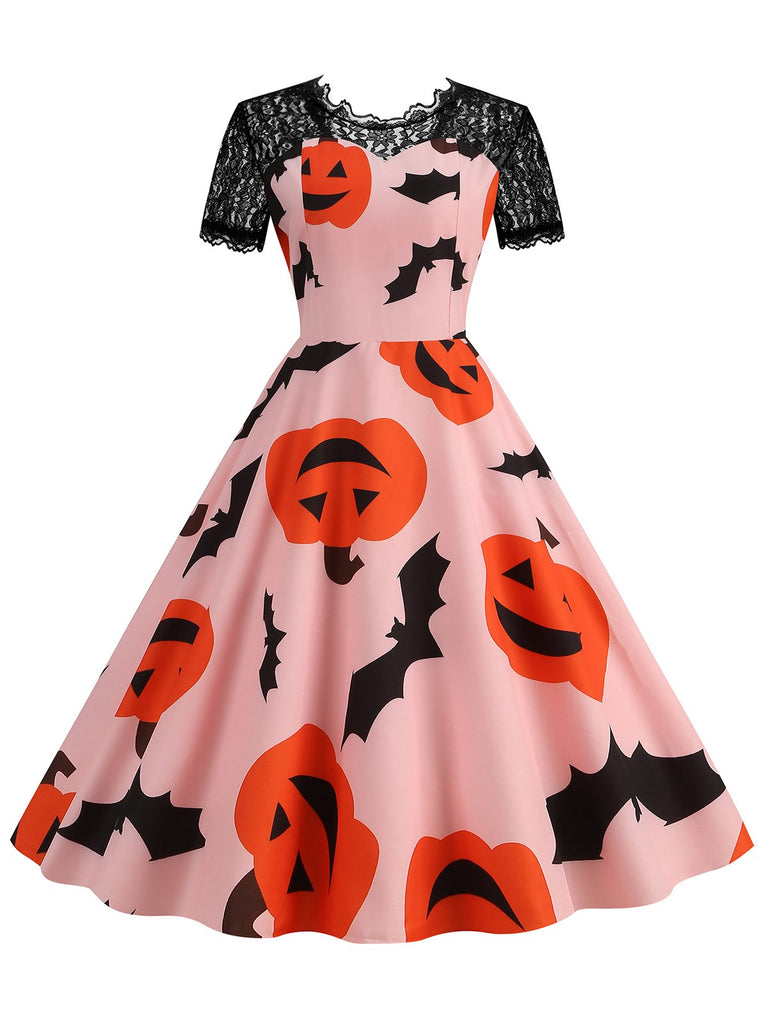 Rosa 1950er Halloween Kürbis Fledermäuse Spitze Kleid