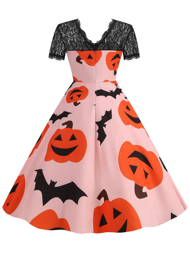 Rosa 1950er Halloween Kürbis Fledermäuse Spitze Kleid