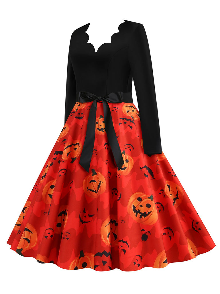 Orange Rot 1950er Halloween Blütenblatthals Kürbis Kleid