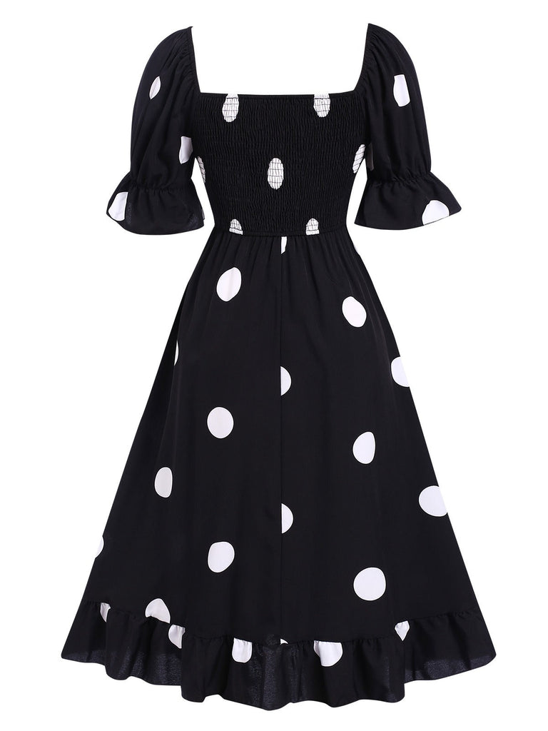 Schwarz 1940er Rüschenmanschetten Polka Dots Gesmoktes Kleid