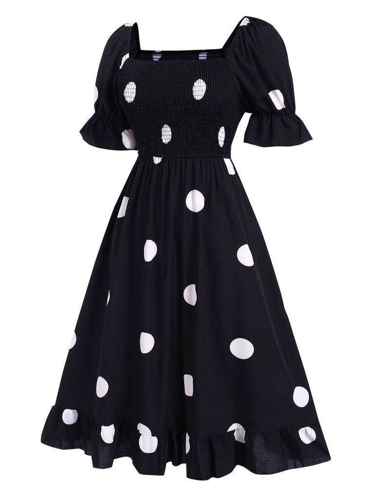 Schwarz 1940er Rüschenmanschetten Polka Dots Gesmoktes Kleid