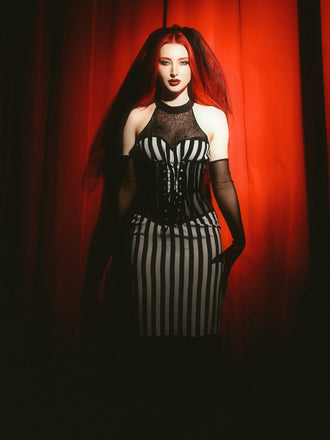 Schwarz 1930er Beetlejuice Kostüm Spinnennetz Streifen Fischschwanz Kleid