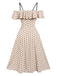 Beige 1940er Spaghetti Träger Kalte Schulter Polka Dots Kleid