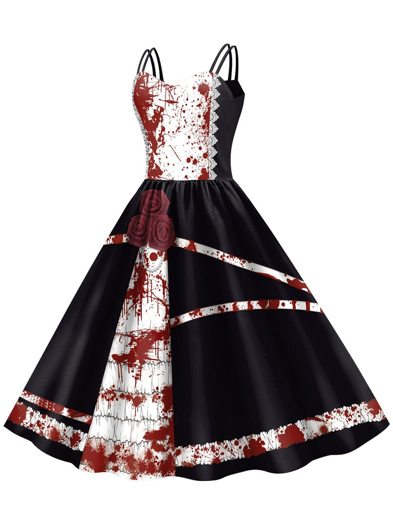 1950er Halloween Roses Blut Doppelte Träger Kleid