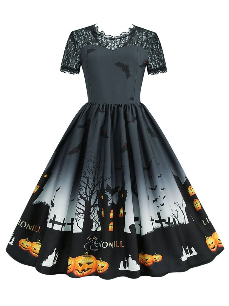 1950er Halloween Spitze Patchwork Kurze Ärmel Kleid