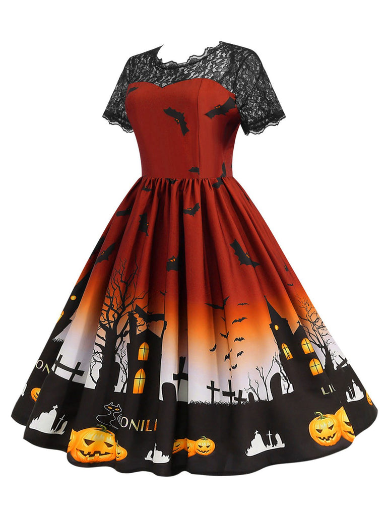 1950er Halloween Spitze Patchwork Kurze Ärmel Kleid