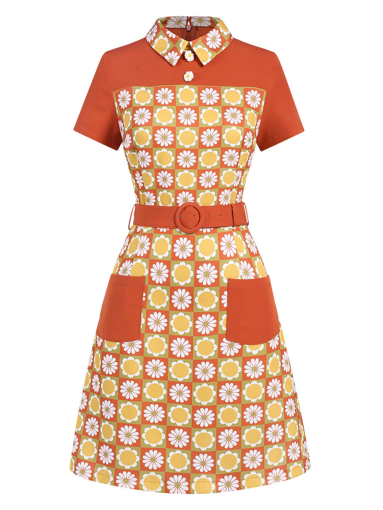 Multicolor 1960er Gänseblümchen Revers Gürtel Kleid