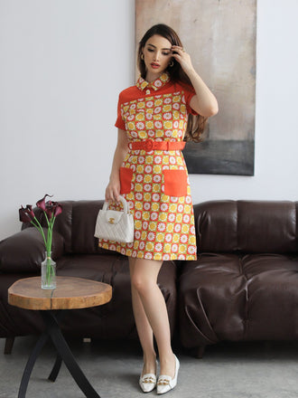 Multicolor 1960er Gänseblümchen Revers Gürtel Kleid