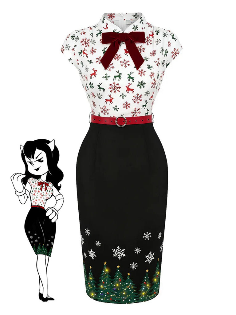 [Vorverkauf] Schwarz 1960er Weihnachtsbaum Rentier Bleistift Kleid