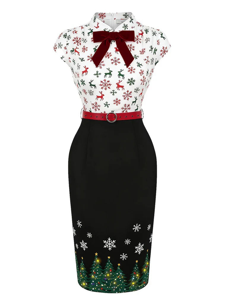 [Vorverkauf] Schwarz 1960er Weihnachtsbaum Rentier Bleistift Kleid