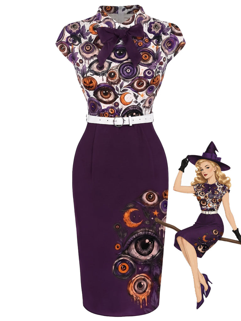 [Vorverkauf] Mehrfarbiges 60er Halloween Bodycon-Kleid mit Augen und Gürtel