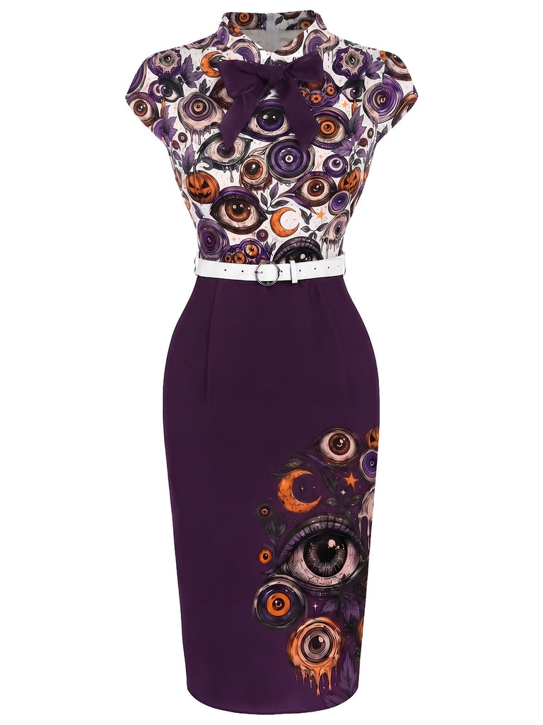 [Vorverkauf] Mehrfarbiges 60er Halloween Bodycon-Kleid mit Augen und Gürtel