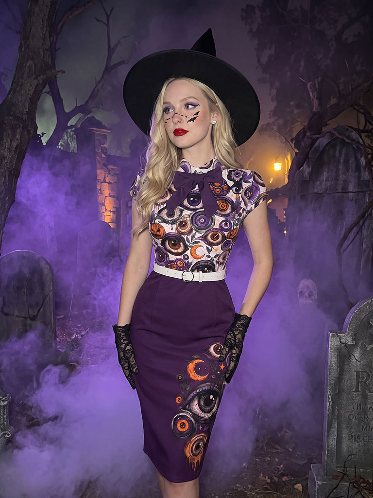 [Vorverkauf] Mehrfarbiges 60er Halloween Bodycon-Kleid mit Augen und Gürtel