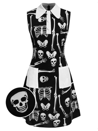 Schwarz 1960er Gothic Halloween Skelett Revers Mod Kleid