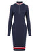 Tiefblau 1960er Streifen Reißverschluss Lange Ärmel Kleid