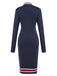 Tiefblau 1960er Streifen Reißverschluss Lange Ärmel Kleid