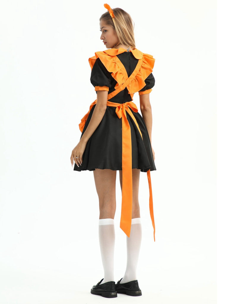 Orange 1950er Halloween Kontrast Kleid mit Schürze