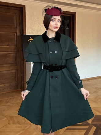 Grün 1930er Zweireihig Gürtel Mantel Mit Umhang