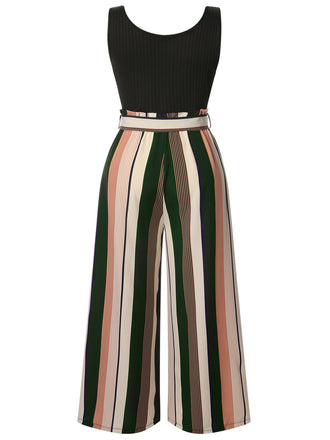 [Übergröße] Schwarz 1950er Streifen Gestrickt Mit Gürtel Jumpsuit