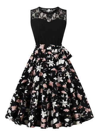 Multicolor 1950er Spitze Patchwork Blumen Ärmelloses Kleid