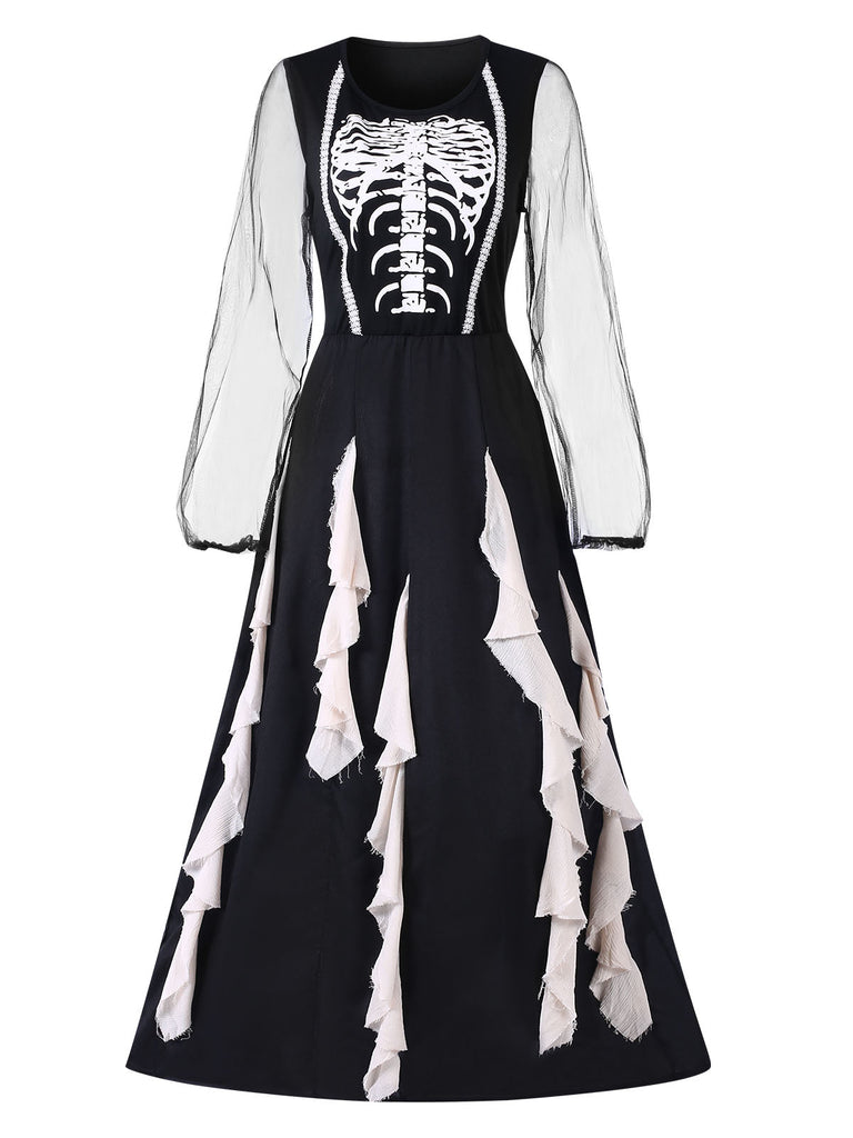 Schwarz 1930er Halloween Skelett Rüschen Kleid Mit Schleier