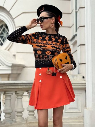 Schwarz 1970er Halloween Schädel Schläger Kurzer Pullover