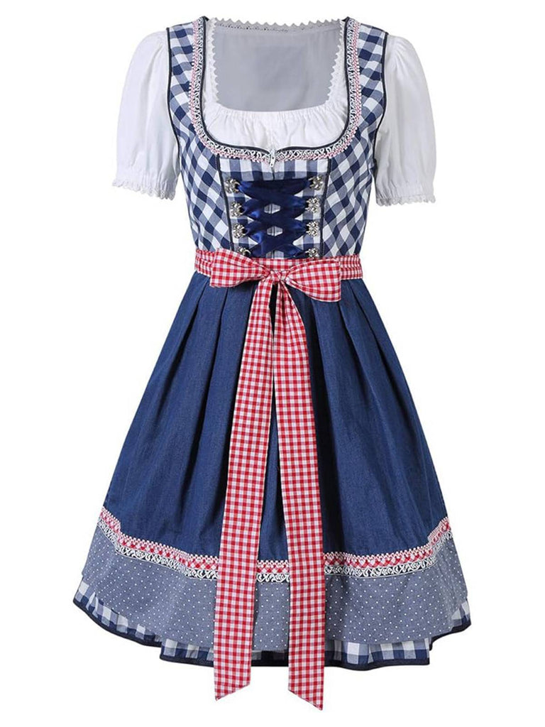 2PCS Blau 1950er Oktoberfest Puff Weiß Top & Gingham Kleid & Schürze