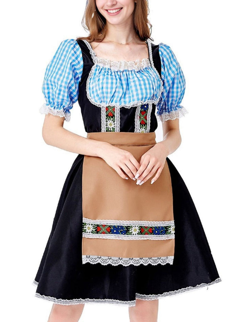 2PCS Blau 1950er Oktoberfest Gingham Puff Spitze Kleid mit Schürze