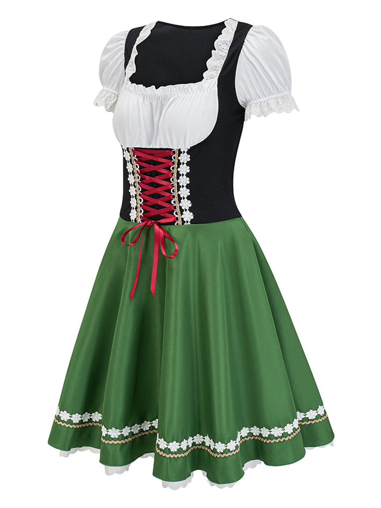 Grün 1950er Oktoberfest Puffärmel Patchwork Kleid