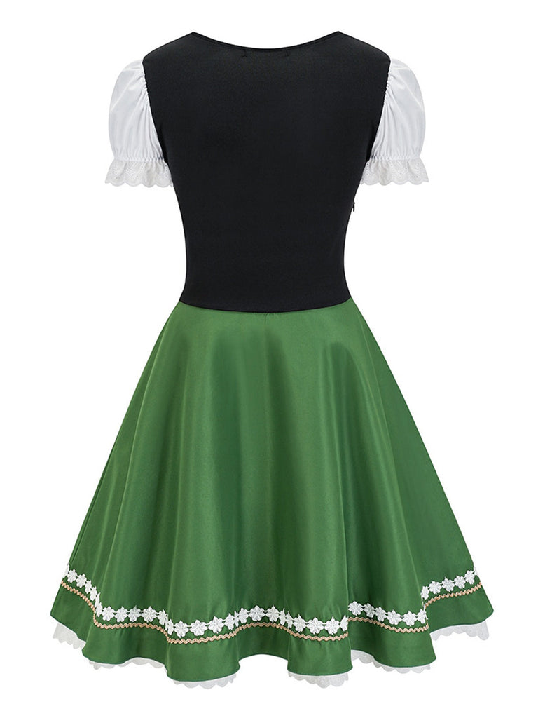 Grün 1950er Oktoberfest Puffärmel Patchwork Kleid