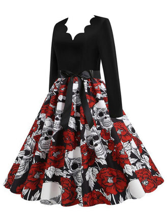 Schwarz 1950er Halloween Roses Schädel Blütenkragen Kleid