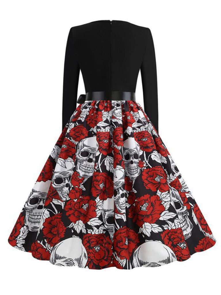 Schwarz 1950er Halloween Roses Schädel Kleid