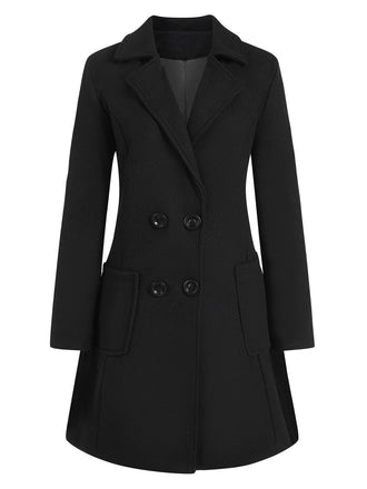 Schwarz 1950er Solide Revers Zweireihiger Mantel