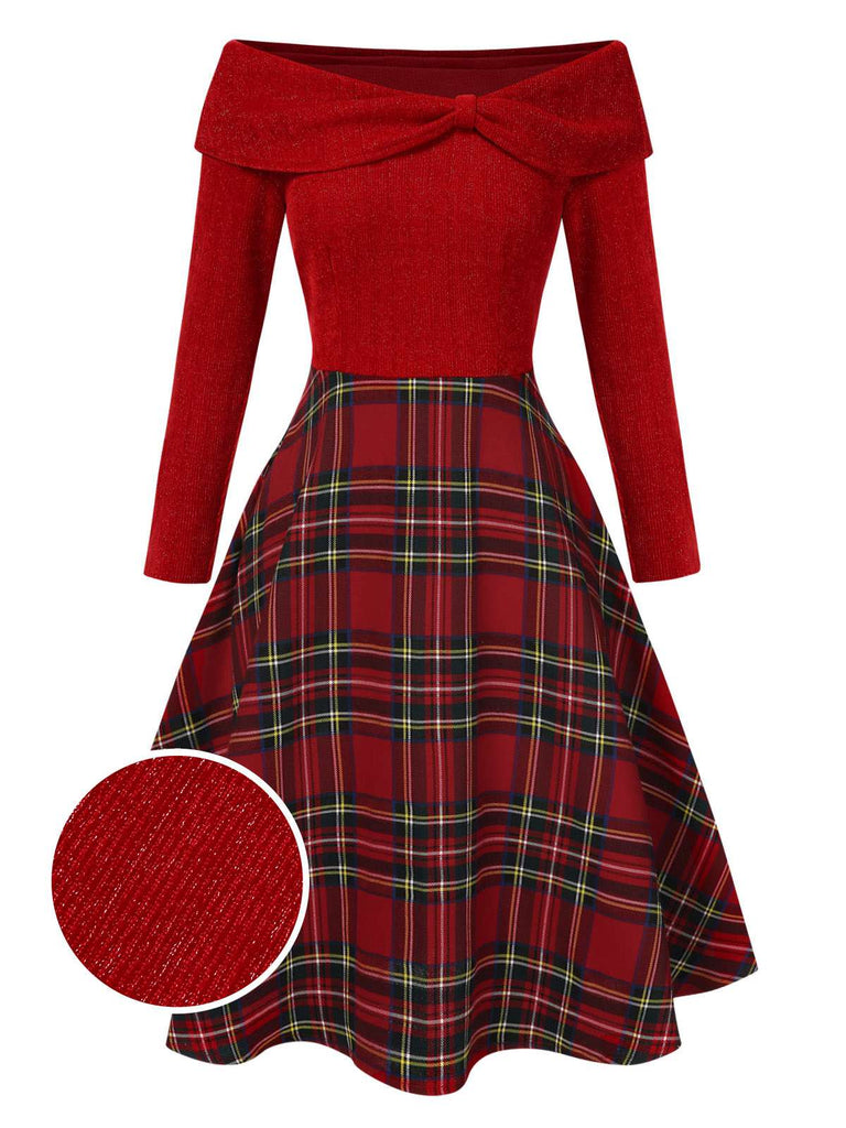 [Vorverkauf] Rosa 1950er Weihnachten Schulterfrei Tartan Kleid