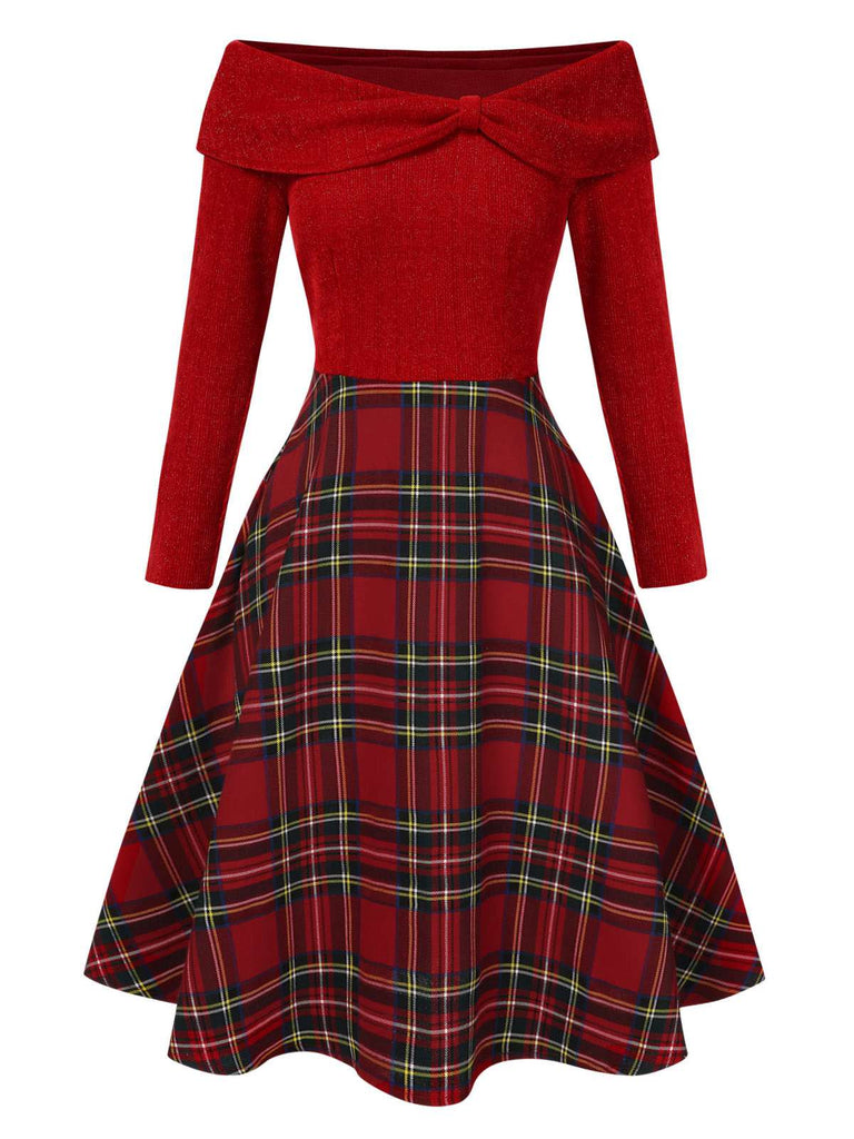 [Vorverkauf] Rosa 1950er Weihnachten Schulterfrei Tartan Kleid