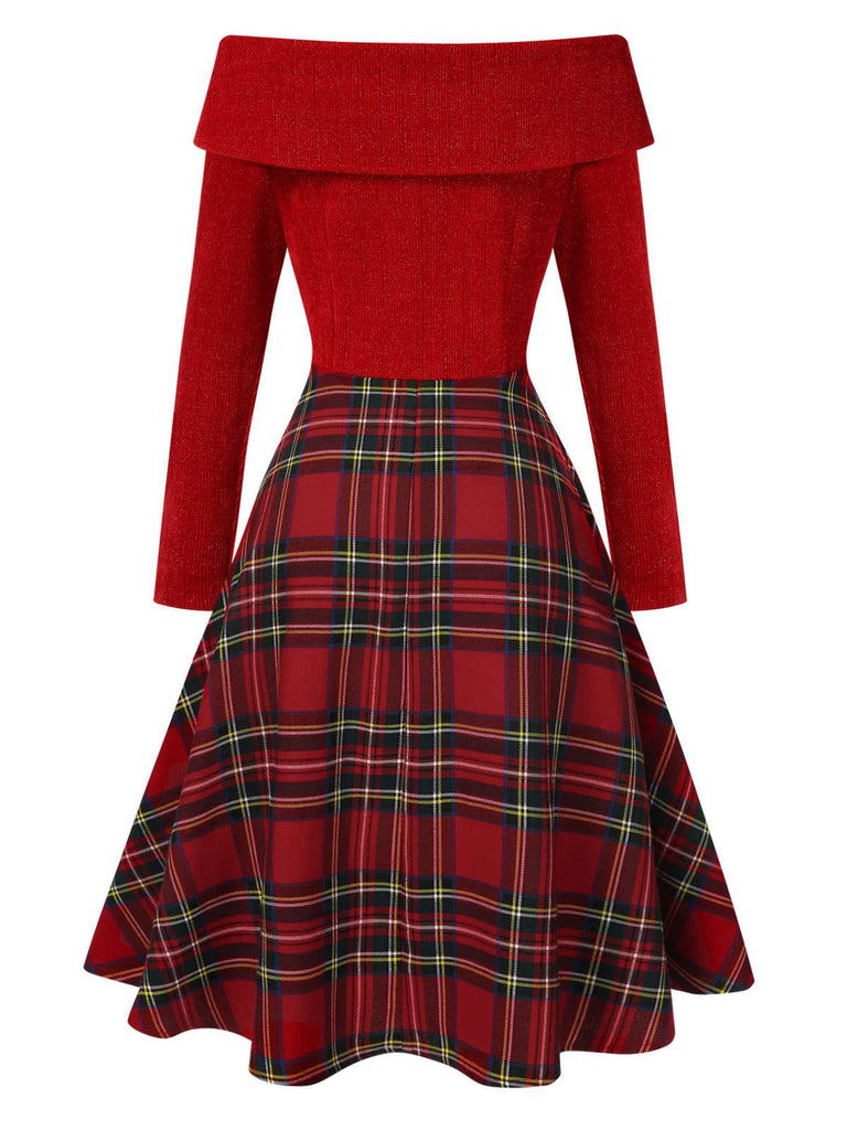 [Vorverkauf] Rosa 1950er Weihnachten Schulterfrei Tartan Kleid