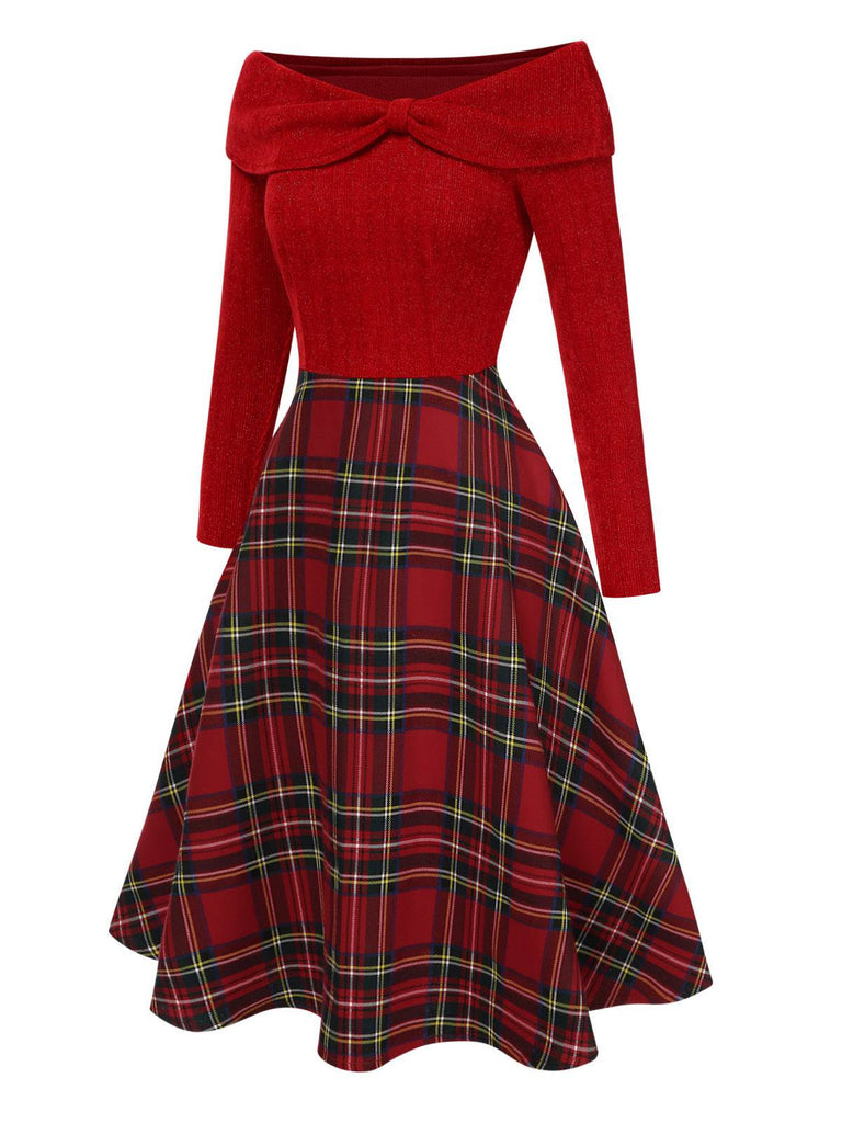 [Vorverkauf] Rosa 1950er Weihnachten Schulterfrei Tartan Kleid