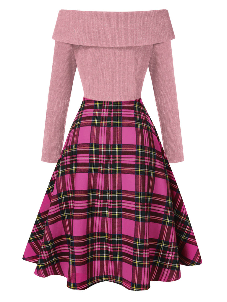 [Vorverkauf] Rosa 1950er Weihnachten Schulterfrei Tartan Kleid