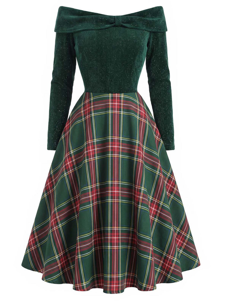 Rot 1950er Weihnachten Schulterfrei Tartan Kleid