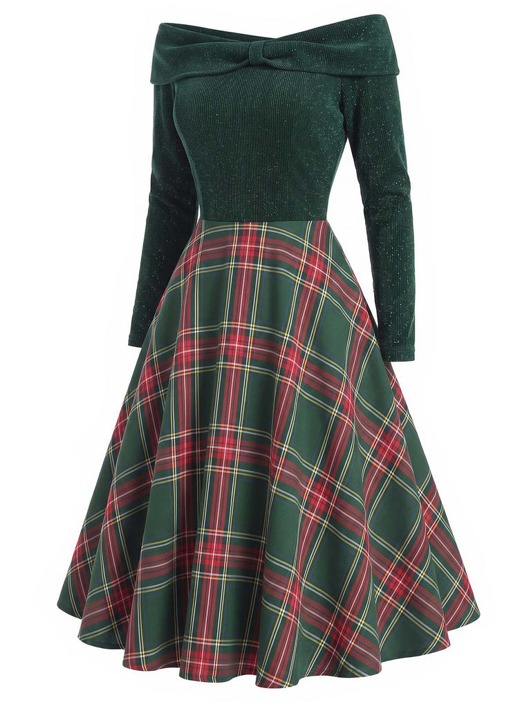 Rot 1950er Weihnachten Schulterfrei Tartan Kleid